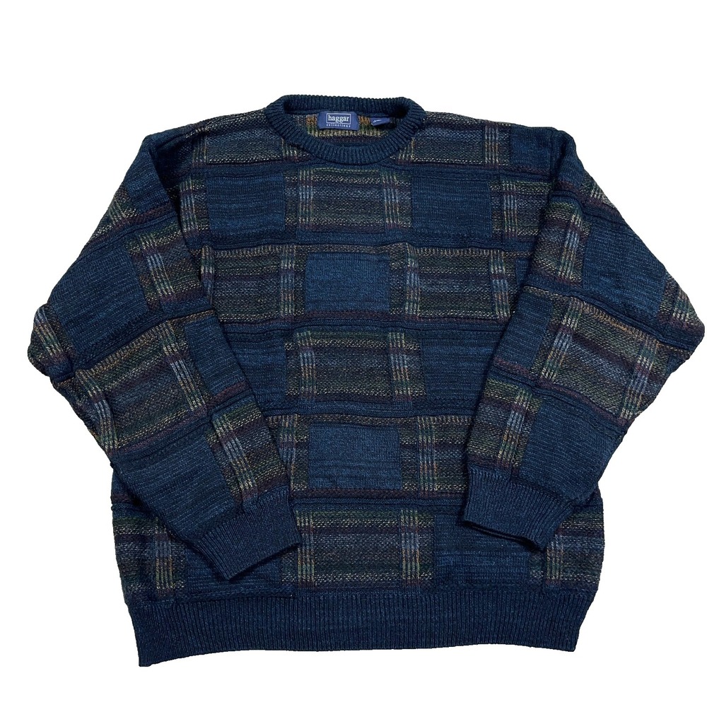 Vintage Grandpa Sweater Men Large Blue Geometric Crewneck Acrylic Retro Y2K Golf